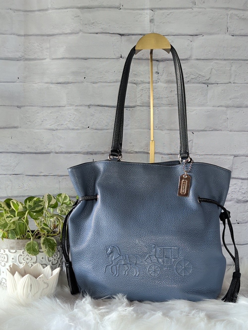 Coach Blue Pebbled Leather Tote with Black Straps